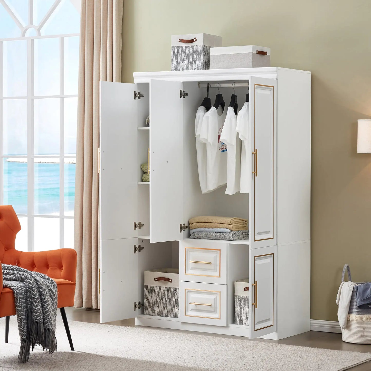 YG-5 Armoire Wardrobe 74" H 3 Doors 2 Drawers White Bedroom Wardrobe Armoire Closet Freestanding Clothes Storage Armoire Organizer with Hanging Rod Shelves Clothes Cabinet for Bathrooms Clothes Storage
