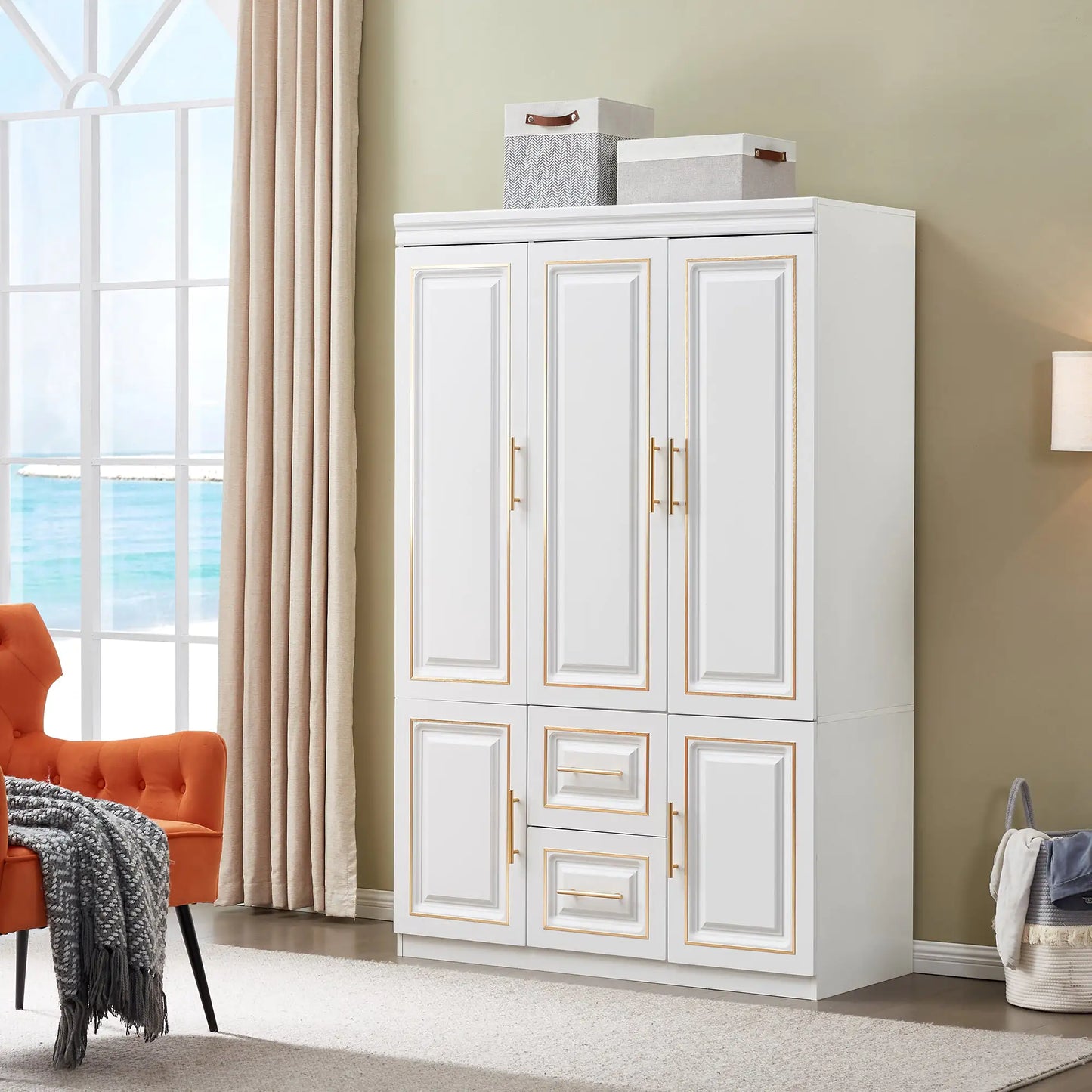 YG-5 Armoire Wardrobe 74" H 3 Doors 2 Drawers White Bedroom Wardrobe Armoire Closet Freestanding Clothes Storage Armoire Organizer with Hanging Rod Shelves Clothes Cabinet for Bathrooms Clothes Storage