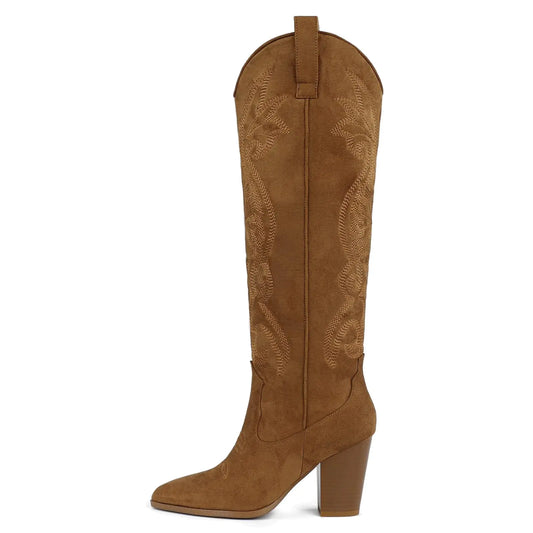 WIRALOMI Embroidered Cowboy Knee High Boots for Women Faux Suede Chunky Block Heel Western Knee High Boots Pull On Cowgirl Boots High Heel Boots