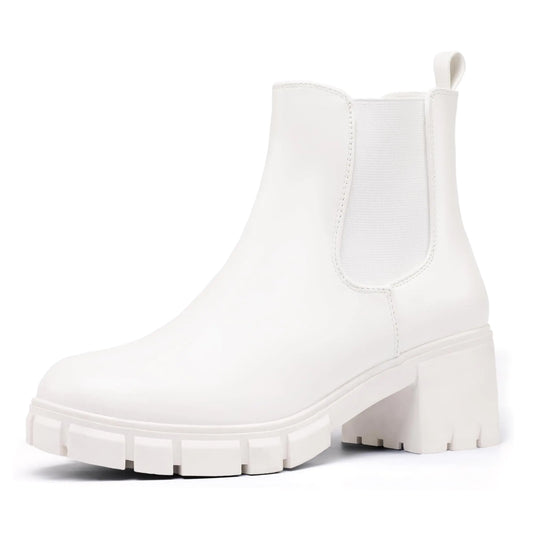 IDIFU White Boots for Women Chelsea Boots Ankle Boots Platform Low Chunky Block Heel Lug Sole Fall Dress Boots for Women Comfortable Fashion Booties Cute Elastic Short Heeled Boots(White 9.5)