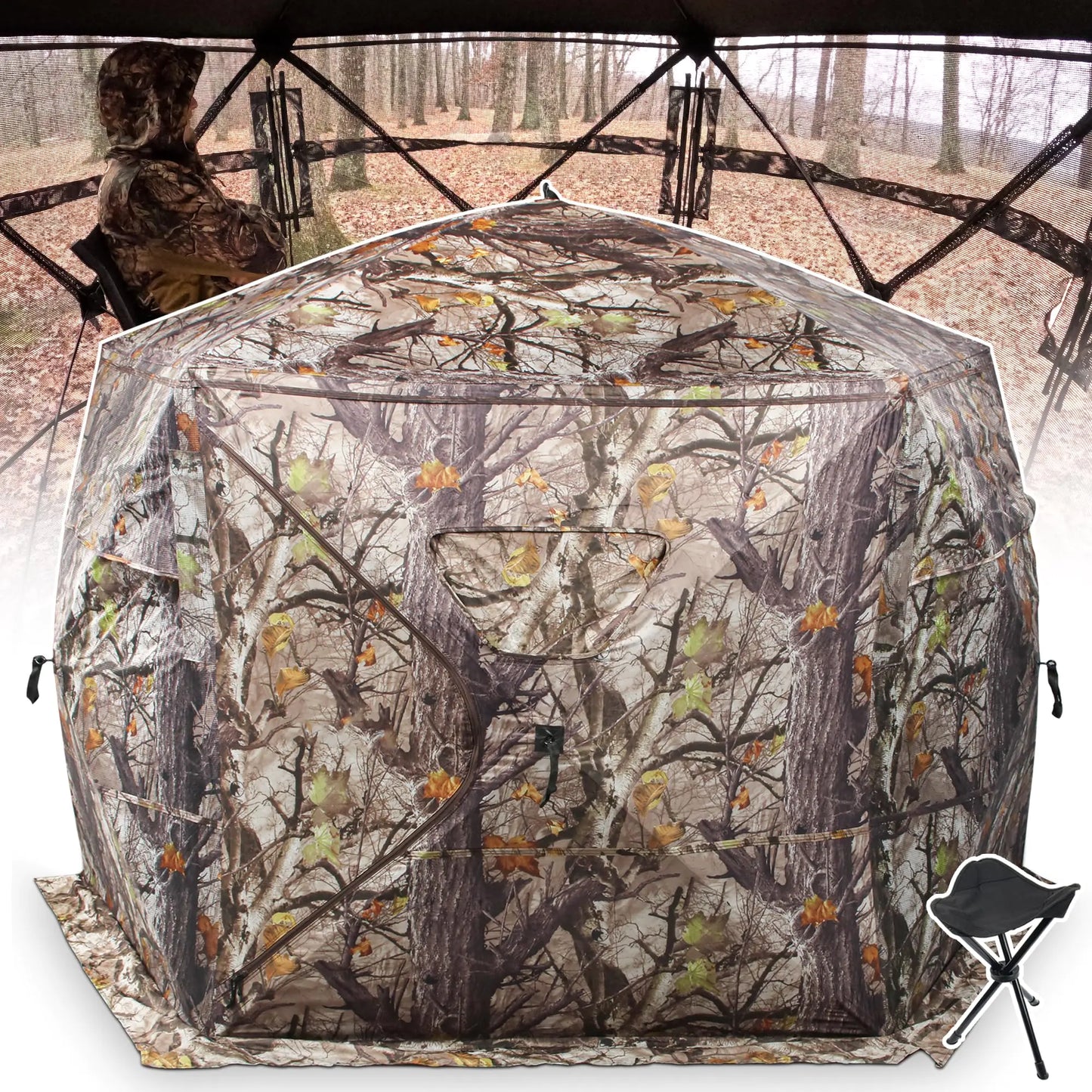 ShedOFF Extra Large Hunting Blind 4 Person with Portable Hunting Chair 288 Degree See Through Pop up Ground Blinds for Deer Turkey Duck Hunting Bow Hunting Adjust Windows with Silent Zipper