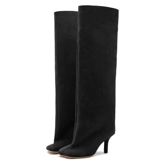Yishaweiqi Black Suede Knee High Boots for Women Square Toe Stiletto Heel Long Boots Pull On Tall Boots Wide-Calf Stylish Comfortable Fall Boots