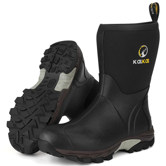 Kalkal Rubber Boots for Men Waterproof Mid Calf Mens Rain Boots 6mm Neoprene Insulated Mens Rubber Work Boots for Hunting Gardening Farming Fishing Mud Working Size 6-14
