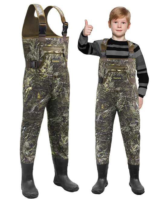 Gonex Kids Chest Waders Neoprene Fishing Hunting Waders Waterproof Insulated Rubber Boots for Children Boys Girls Camo Size 8/9