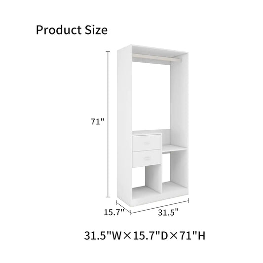 YG-303 Stand-Alone Wood Closet System for Walk in Closets with 2 Drawers Hanging Rods and Shelves Clothes Storage Cabinet Built-in Closet Organizer for Bedroom 31.5"L x 15.7"W x 70.8"H Gray