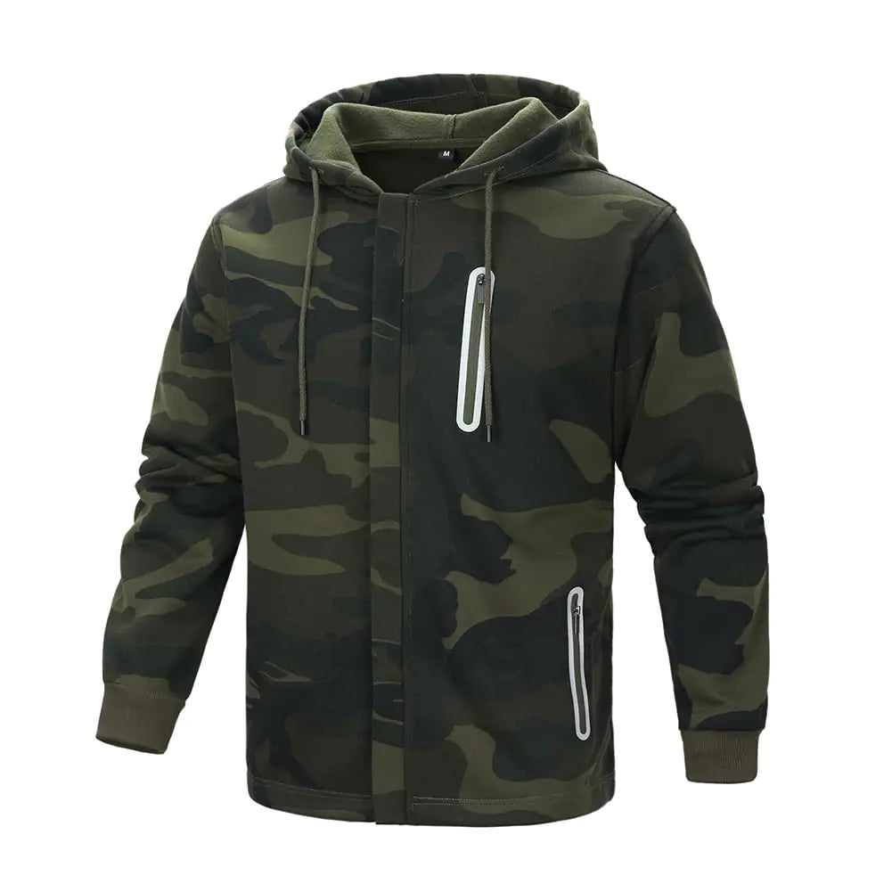 TOLOER Mens Full Zip Hooded Sports Sweatshirt Solid Color Lightweight Casual Fall Winter Jackets with Zipper Pockets Camo L