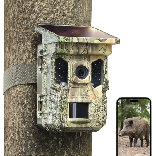 Solar Trail Camera 32MP 30FPS 2.7K VideoWiFi Bluetooth Hunting Camera with Motion Activated 0.2s Trigger Night Vision Motion 64GB CardBracket4PCS BatteryIP66 Waterproof for Wildlife Scouting