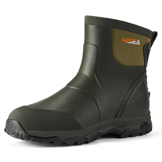 HISEA Upgraded Excursion Pro Mens Rain Boots Ankle Height Rubber Hunting Boots Waterproof Insulated Neoprene Boots Durable Outdoor Mud Booties for Hunting Gardening Farming Fishing and Yard Work Size 14 Green
