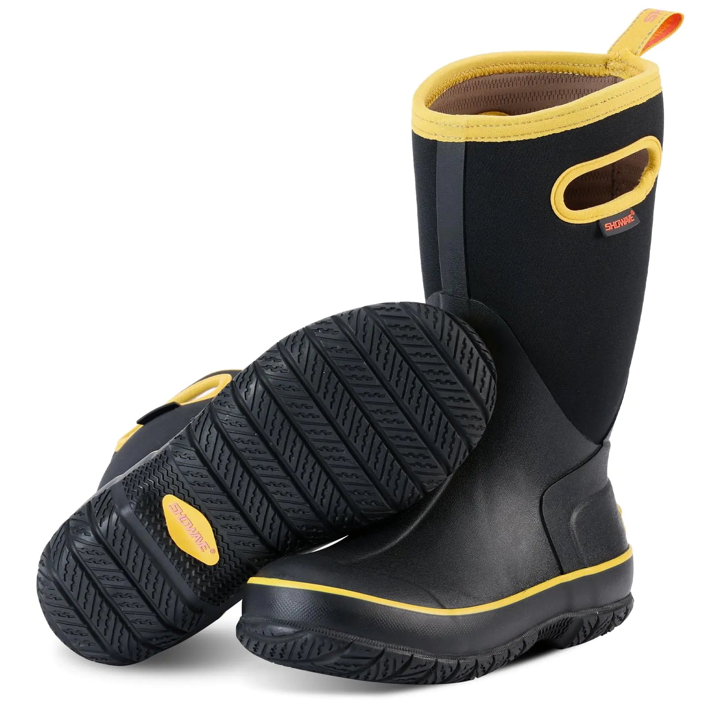 Showave Womens Rain Boots Mid Calf Waterproof Rubber Neoprene Boots with Easy Handles Mud Boots Outdoor Working Boots for Barn Garden Chore (Size 9Yellow)