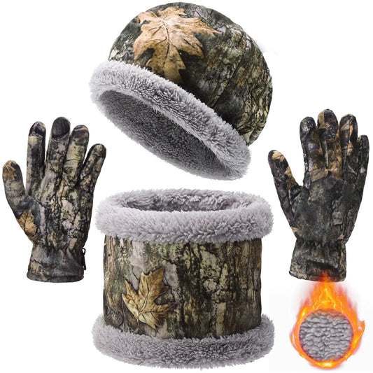 Geyoga Set of 3 Camouflage Hunting Neck Gaiter Beanie Hat and Gloves for Men Women Fleece Thick Hunting Accessories for Duck Deer Hunting Cold Weather Outdoors