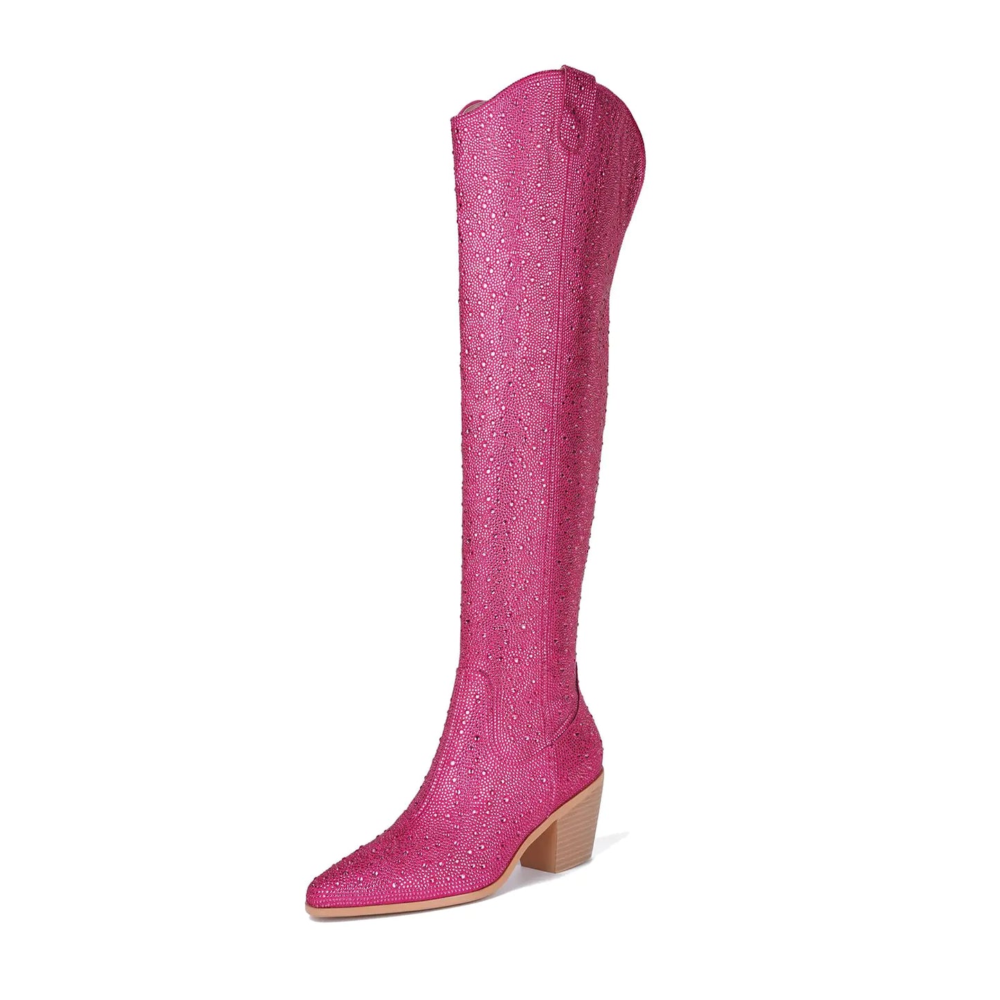 olomisa Rhinestone Boots for Women Sparkly Boots Over the Knee Cowboy Boots Pointed Toe Pull On Side Zipper Chunky Heel Knee High Cowgirl Boots