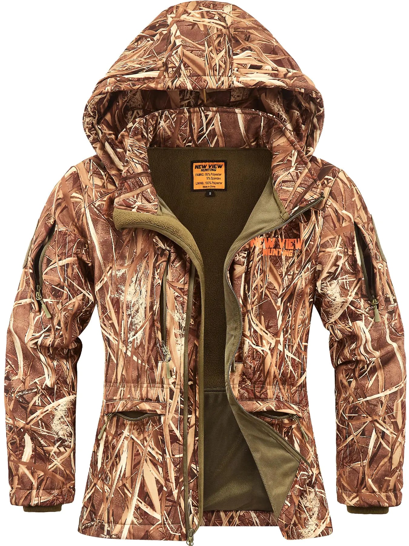 NEW VIEW Womens Hunting Clothes Upgraded Ultra-Quiet Water Resistant Camo Hunting Jacket for Duck Waterfowl Deer Hunting Nv Camo Reeds Large