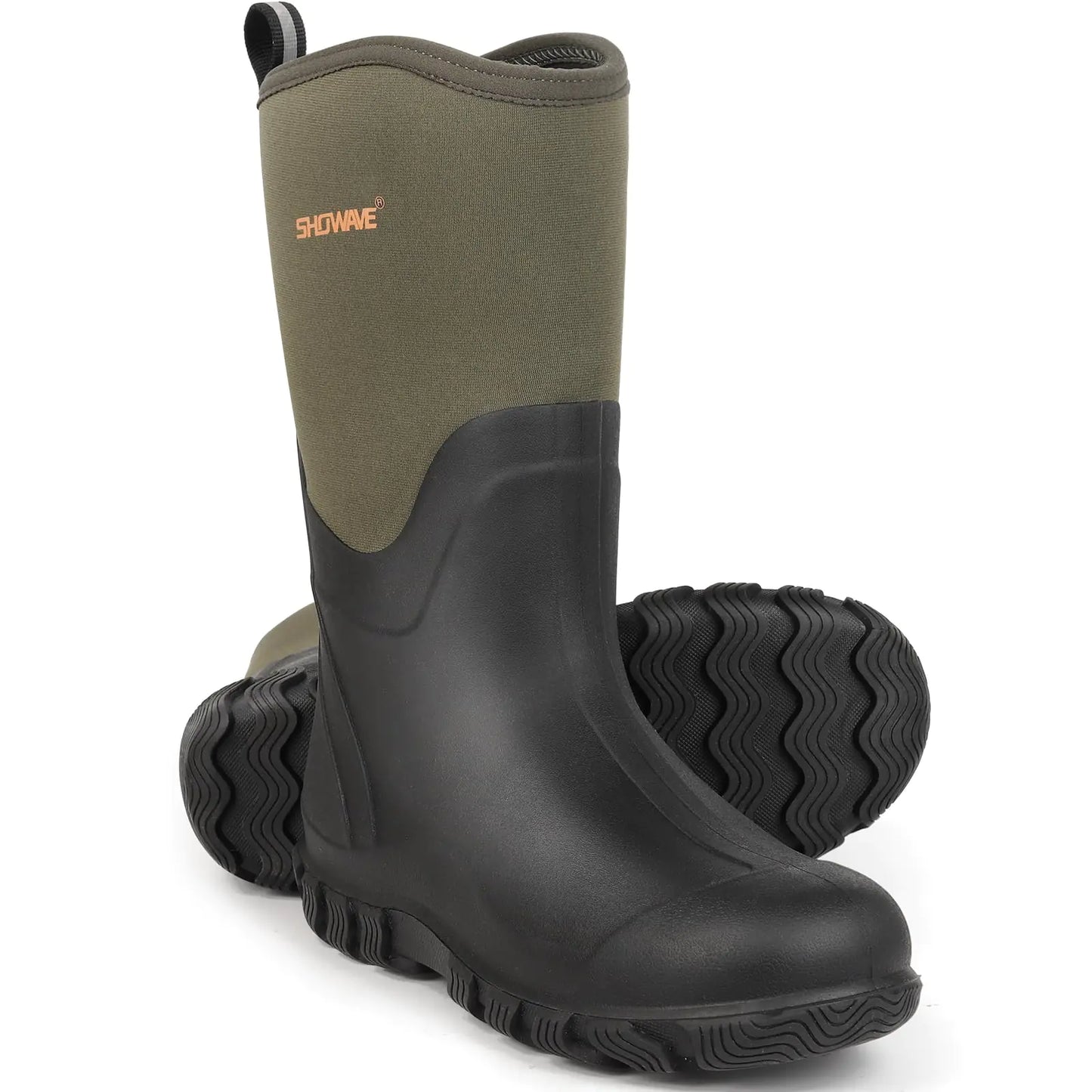 Showave Classic Mens Rubber Boots Waterproof Rain Boots Insulated Neoprene Boots Mud Boots for Farming Hunting Gardening Yard Chore Working Size 12Olive