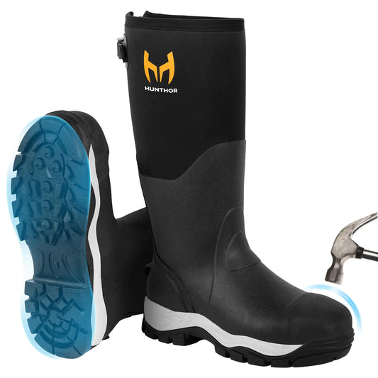 Hunthor Rubber Work Boots for Men with Steel Toe 1100N Puncture-Proof Hunting Boots with 7mm Neoprene Waterproof and EVA Midsole Adjustable Back Gusset Ideal for Hunting Work and Farming