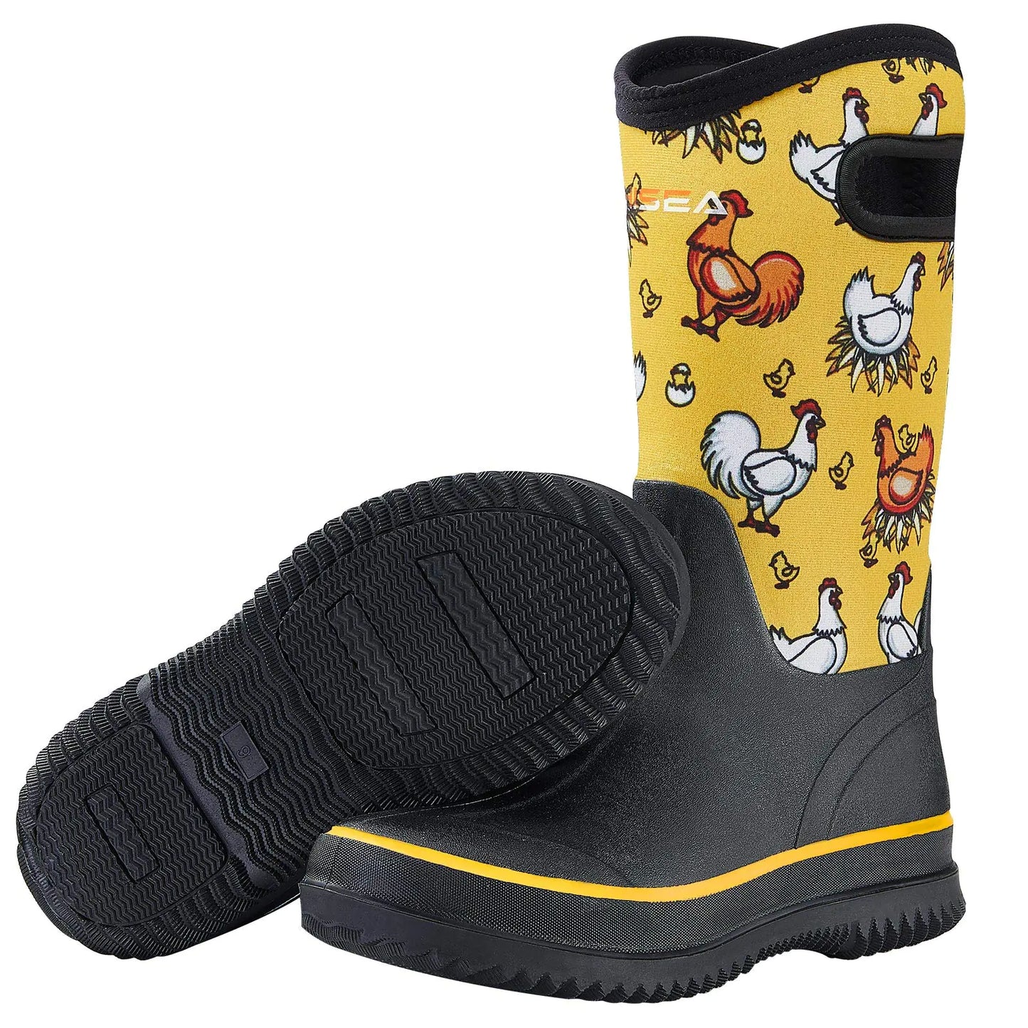 HISEA Women Mud Boots Mid Calf Neoprene Rubber Boots with Pull on Handle Insulated Barn Boots Womens Waterproof Rain Boots Garden Shoes Womens Rainboots for Farm Gardening Hiking Hunting Fishing