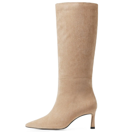Uacllcau Knee High Boots for Women Pointed Toe Kitten Heel Tall Boots Womens Fashion Slip On Wide Calf Boots Heel Dress Stiletto Long Boots